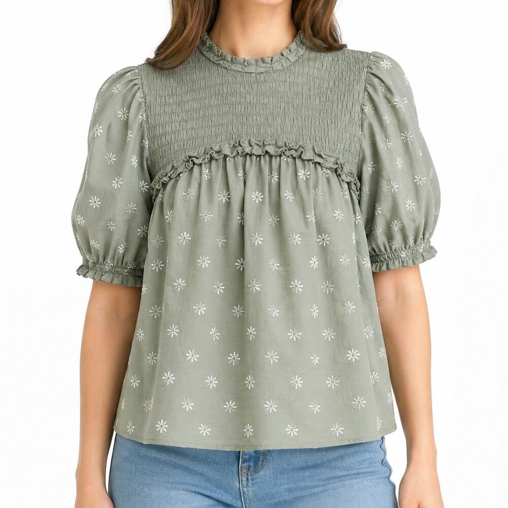 Bohme Sage Green Embroidered Smocked Boho Babydoll Top Puff Sleeve XS